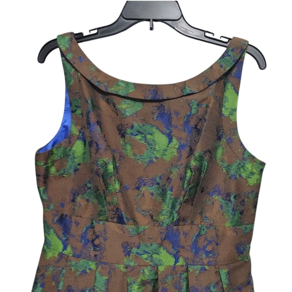 Eva Franco Brown Green Abstract Sleeveless Fit & Flare Mini Dress Womens Size 12 - Picture 3 of 8